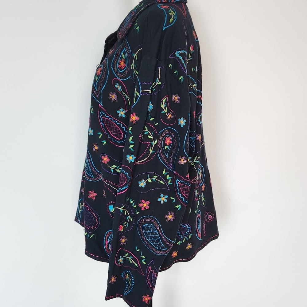 Vintage 80s Embroidered black Units Jacket Linen Cotton Blend Paisley Floral XL - Picture 6 of 16